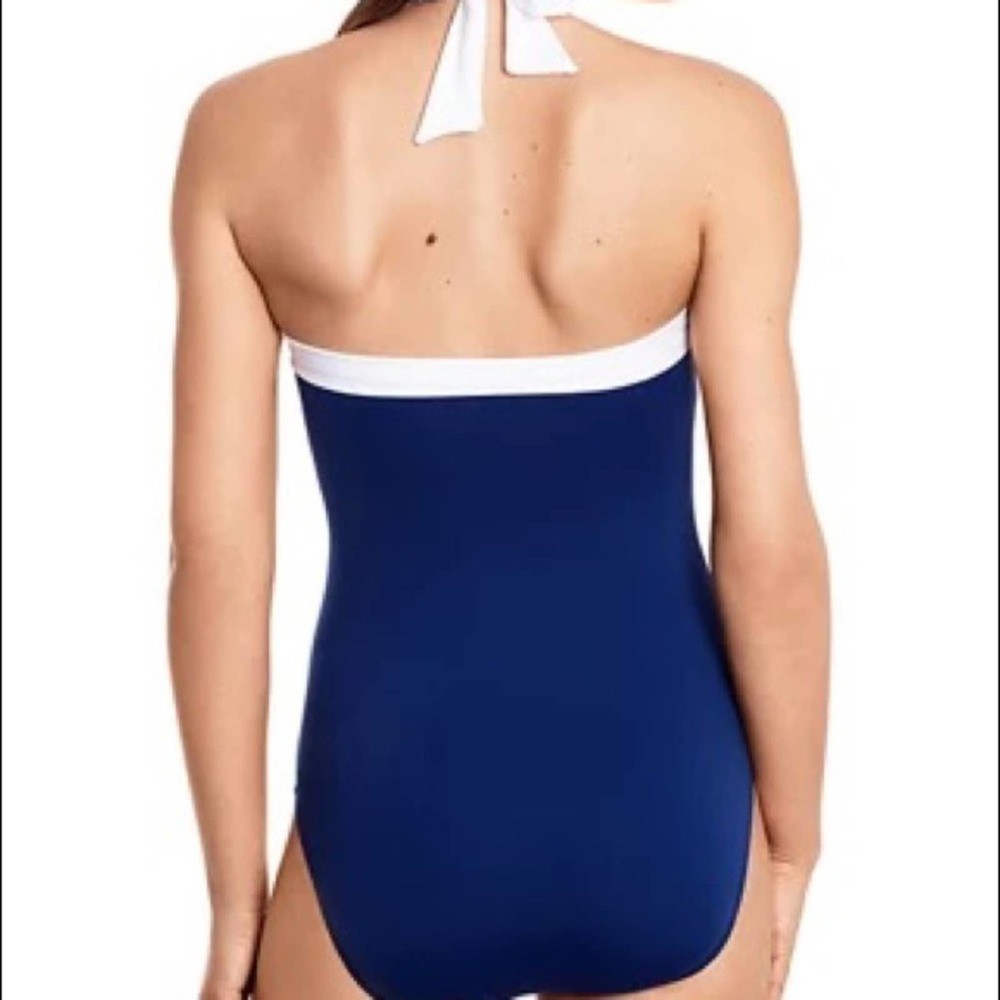 LAUREN RALPH LAUREN Royal Blue/White Shirred Halter Bandeau One Piece Swimsuit - Picture 3 of 5